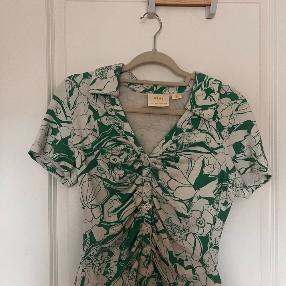 Anthropologie Cream Ruched Notched Collar Blouse